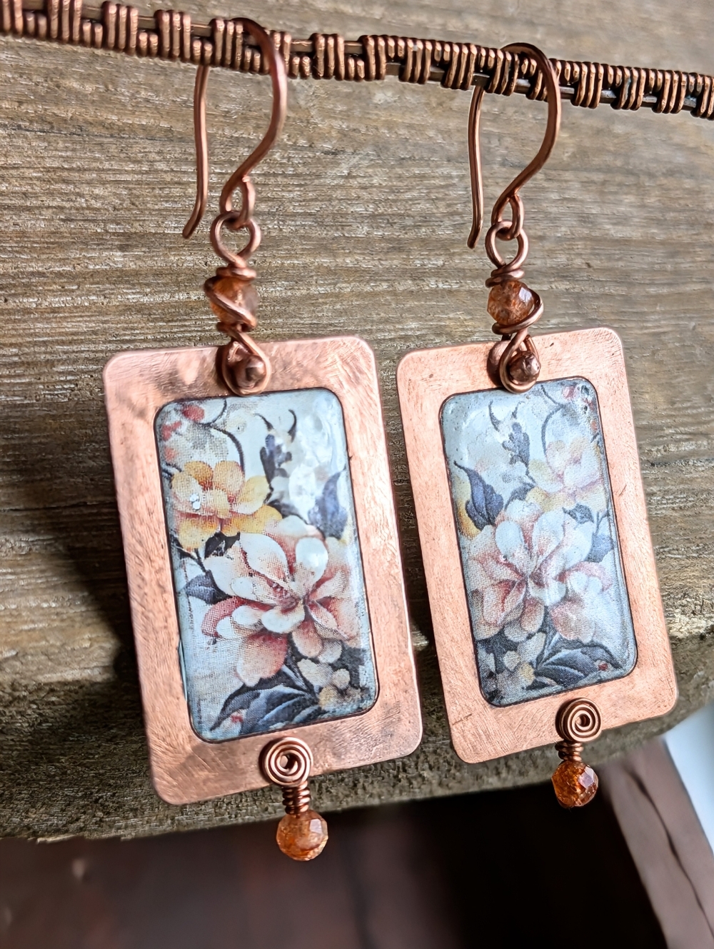 Victorian Rose Earrings- Enameled Copper Design- Artisan Crafted